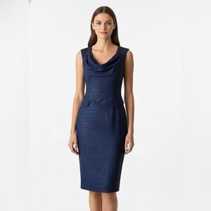 Single by Galina Sobolev Navy Croc Embossed Cowl Neck Peplum Sheath Dress NWT 4